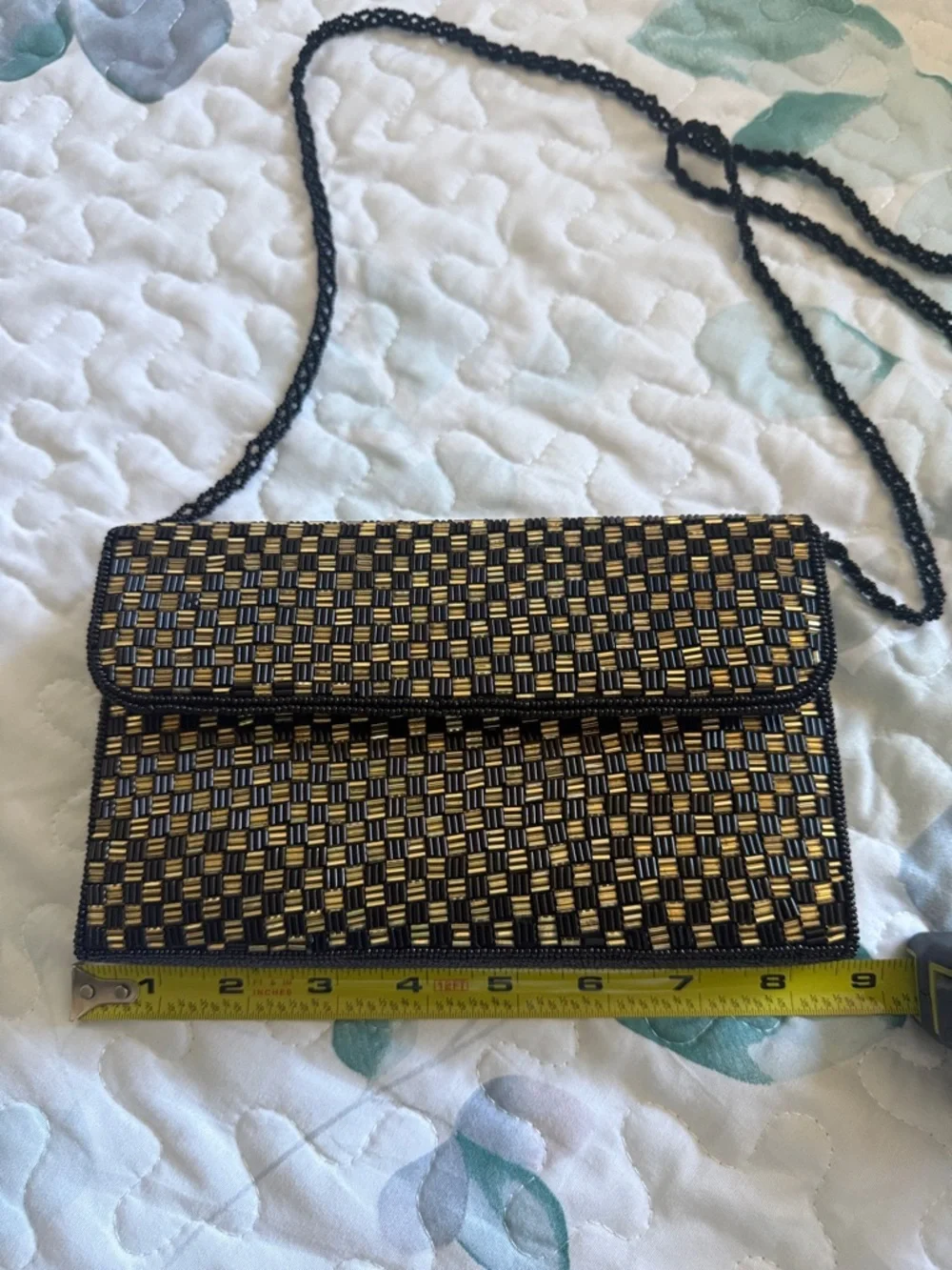Vintage Beaded Checkerboard Clutch Crossbody Bag Gold Black Art Deco